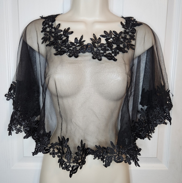 Vintage Sheer Black Lace Bed Jacket Peignoir Topper Boudoir Lingerie - Picture 2 of 6